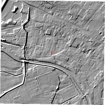 Shaded relief map of the ground around DN85EL, computed from Environment Agency LiDAR. The ground here sits at about 3 m above sea level and falls 9 m across the surrounding 800 m. Surface water reaching this point runs off ground lying to the south-west, 0.8 m higher.