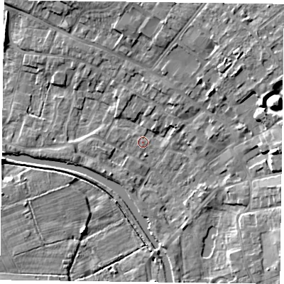 Shaded relief map of the ground around DN85EN, computed from Environment Agency LiDAR. The ground here sits at about 3 m above sea level and falls 12 m across the surrounding 800 m. Surface water reaching this point runs off ground lying to the east-north-east, 2.9 m higher.