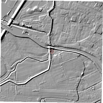 Shaded relief map of the ground around DN85EP, computed from Environment Agency LiDAR. The ground here sits at about 3 m above sea level and falls 9 m across the surrounding 800 m. Surface water reaching this point runs off ground lying to the north-north-west, 4.5 m higher.