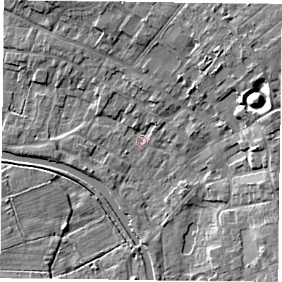 Shaded relief map of the ground around DN85EQ, computed from Environment Agency LiDAR. The ground here sits at about 3 m above sea level and falls 12 m across the surrounding 800 m. Surface water reaching this point runs off ground lying to the east-north-east, 10.1 m higher.