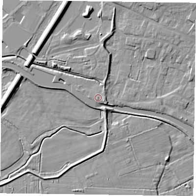 Shaded relief map of the ground around DN85ER, computed from Environment Agency LiDAR. The ground here sits at about 5 m above sea level and falls 9 m across the surrounding 800 m. Surface water reaching this point runs off ground lying to the east-south-east, 1.7 m higher.