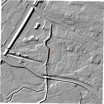 Shaded relief map of the ground around DN85ET, computed from Environment Agency LiDAR. The ground here sits at about 3 m above sea level and falls 9 m across the surrounding 800 m. Surface water reaching this point runs off ground lying to the south-south-west, 4.3 m higher.