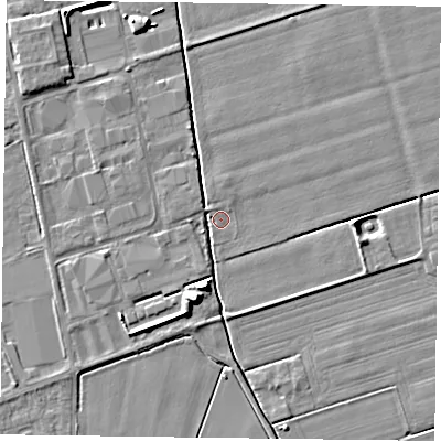Shaded relief map of the ground around DN85EU, computed from Environment Agency LiDAR. The ground here sits at about 2 m above sea level and falls 7 m across the surrounding 800 m. Surface water reaching this point runs off ground lying to the north, 0.7 m higher.