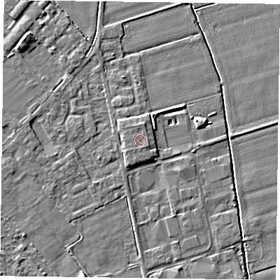 Shaded relief map of the ground around DN85EW, computed from Environment Agency LiDAR. The ground here sits at about 3 m above sea level and falls 5 m across the surrounding 800 m. The ground contributing surface water to this point lies to the south-east.