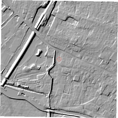 Shaded relief map of the ground around DN85EX, computed from Environment Agency LiDAR. The ground here sits at about 4 m above sea level and falls 9 m across the surrounding 800 m. Surface water reaching this point runs off ground lying to the north-east, 5.8 m higher.