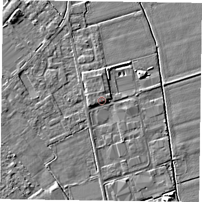 Shaded relief map of the ground around DN85EY, computed from Environment Agency LiDAR. The ground here sits at about 3 m above sea level and falls 7 m across the surrounding 800 m. Surface water reaching this point runs off ground lying to the north-north-west, 1.4 m higher.
