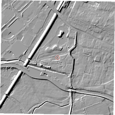 Shaded relief map of the ground around DN85FA, computed from Environment Agency LiDAR. The ground here sits at about 4 m above sea level and falls 10 m across the surrounding 800 m. Surface water reaching this point runs off ground lying to the east-north-east, 2.5 m higher.