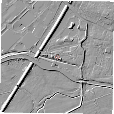 Shaded relief map of the ground around DN85FB, computed from Environment Agency LiDAR. The ground here sits at about 4 m above sea level and falls 9 m across the surrounding 800 m. Surface water reaching this point runs off ground lying to the east-south-east, 4.3 m higher.