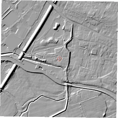 Shaded relief map of the ground around DN85FE, computed from Environment Agency LiDAR. The ground here sits at about 5 m above sea level and falls 9 m across the surrounding 800 m. Surface water reaching this point runs off ground lying to the east-north-east, 1.4 m higher.