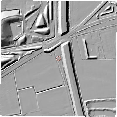 Shaded relief map of the ground around DN85FG, computed from Environment Agency LiDAR. The ground here sits at about 2 m above sea level and falls 19 m across the surrounding 800 m. Surface water reaching this point runs off ground lying to the south, 1.5 m higher.