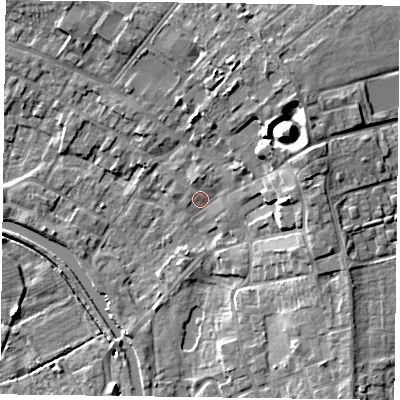 Shaded relief map of the ground around DN85GA, computed from Environment Agency LiDAR. The ground here sits at about 4 m above sea level and falls 12 m across the surrounding 800 m. Surface water reaching this point runs off ground lying to the east-north-east, 6.6 m higher.