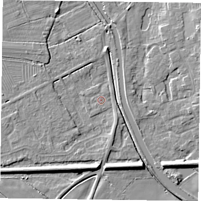 Shaded relief map of the ground around DN85GD, computed from Environment Agency LiDAR. The ground here sits at about 2 m above sea level and falls 8 m across the surrounding 800 m. Surface water reaching this point runs off ground lying to the south-east, 2.2 m higher.