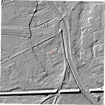 Shaded relief map of the ground around DN85GE, computed from Environment Agency LiDAR. The ground here sits at about 2 m above sea level and falls 8 m across the surrounding 800 m. Surface water reaching this point runs off ground lying to the south-east, 2.4 m higher.