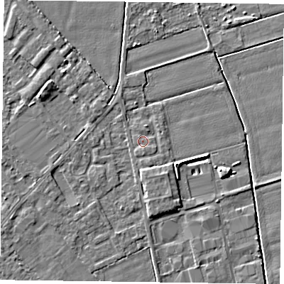Shaded relief map of the ground around DN85GG, computed from Environment Agency LiDAR. The ground here sits at about 3 m above sea level and falls 5 m across the surrounding 800 m. Surface water reaching this point runs off ground lying to the south-south-east, 1.5 m higher.