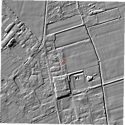 Shaded relief map of the ground around DN85GH, computed from Environment Agency LiDAR. The ground here sits at about 2 m above sea level and falls 5 m across the surrounding 800 m. Surface water reaching this point runs off ground lying to the south, 2.1 m higher.