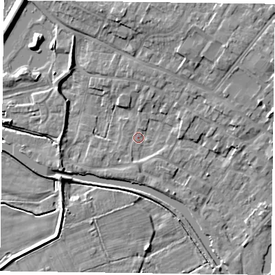 Shaded relief map of the ground around DN85HB, computed from Environment Agency LiDAR. The ground here sits at about 3 m above sea level and falls 9 m across the surrounding 800 m. Surface water reaching this point runs off ground lying to the north, 7.2 m higher.