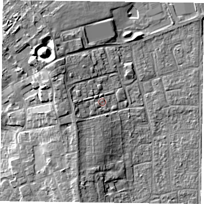 Shaded relief map of the ground around DN85HJ, computed from Environment Agency LiDAR. The ground here sits at about 5 m above sea level and falls 12 m across the surrounding 800 m. Surface water reaching this point runs off ground lying to the west, 3.5 m higher.