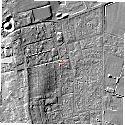 Shaded relief map of the ground around DN85HL, computed from Environment Agency LiDAR. The ground here sits at about 3 m above sea level and falls 12 m across the surrounding 800 m. Surface water reaching this point runs off ground lying to the west, 6.0 m higher.