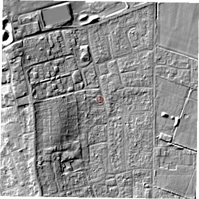 Shaded relief map of the ground around DN85HN, computed from Environment Agency LiDAR. The ground here sits at about 3 m above sea level and falls 12 m across the surrounding 800 m. Surface water reaching this point runs off ground lying to the west, 6.5 m higher.