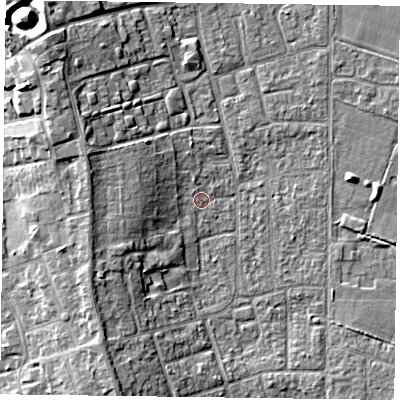 Shaded relief map of the ground around DN85HP, computed from Environment Agency LiDAR. The ground here sits at about 3 m above sea level and falls 12 m across the surrounding 800 m. Surface water reaching this point runs off ground lying to the west, 4.6 m higher.