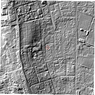 Shaded relief map of the ground around DN85HR, computed from Environment Agency LiDAR. The ground here sits at about 3 m above sea level and falls 9 m across the surrounding 800 m. Surface water reaching this point runs off ground lying to the west-south-west, 2.9 m higher.