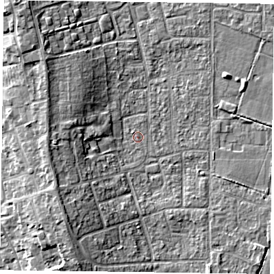 Shaded relief map of the ground around DN85HS, computed from Environment Agency LiDAR. The ground here sits at about 3 m above sea level and falls 8 m across the surrounding 800 m. Surface water reaching this point runs off ground lying to the west, 4.6 m higher.