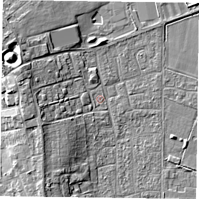 Shaded relief map of the ground around DN85HU, computed from Environment Agency LiDAR. The ground here sits at about 3 m above sea level and falls 12 m across the surrounding 800 m. Surface water reaching this point runs off ground lying to the south-west, 0.6 m higher.