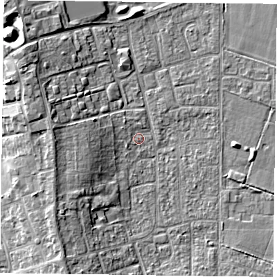 Shaded relief map of the ground around DN85HW, computed from Environment Agency LiDAR. The ground here sits at about 3 m above sea level and falls 12 m across the surrounding 800 m. Surface water reaching this point runs off ground lying to the west, 4.5 m higher.