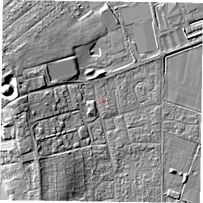 Shaded relief map of the ground around DN85HY, computed from Environment Agency LiDAR. The ground here sits at about 3 m above sea level and falls 12 m across the surrounding 800 m. Surface water reaching this point runs off ground lying to the west, 7.7 m higher.