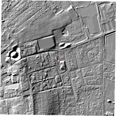 Shaded relief map of the ground around DN85HZ, computed from Environment Agency LiDAR. The ground here sits at about 3 m above sea level and falls 12 m across the surrounding 800 m. Surface water reaching this point runs off ground lying to the west-north-west, 1.4 m higher.
