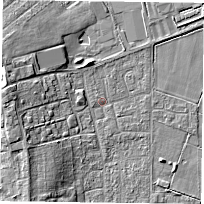 Shaded relief map of the ground around DN85JA, computed from Environment Agency LiDAR. The ground here sits at about 3 m above sea level and falls 9 m across the surrounding 800 m. Surface water reaching this point runs off ground lying to the west, 8.3 m higher.