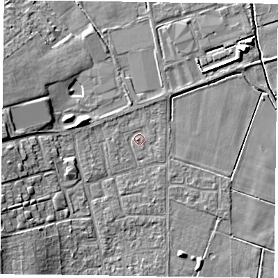 Shaded relief map of the ground around DN85JD, computed from Environment Agency LiDAR. The ground here sits at about 2 m above sea level and falls 8 m across the surrounding 800 m. Surface water reaching this point runs off ground lying to the west-south-west, 6.2 m higher.