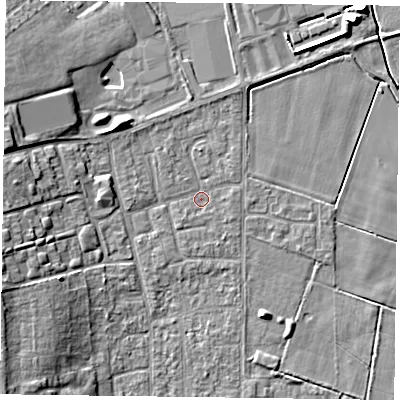 Shaded relief map of the ground around DN85JE, computed from Environment Agency LiDAR. The ground here sits at about 2 m above sea level and falls 8 m across the surrounding 800 m. Surface water reaching this point runs off ground lying to the west-south-west, 6.2 m higher.