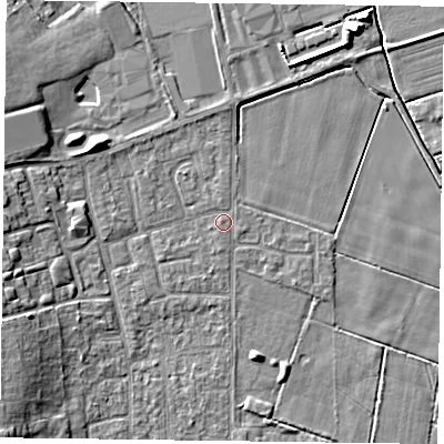 Shaded relief map of the ground around DN85JH, computed from Environment Agency LiDAR. The ground here sits at about 2 m above sea level and falls 7 m across the surrounding 800 m. Surface water reaching this point runs off ground lying to the west-south-west, 4.9 m higher.