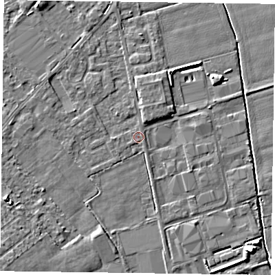 Shaded relief map of the ground around DN85JL, computed from Environment Agency LiDAR. The ground here sits at about 2 m above sea level and falls 7 m across the surrounding 800 m. Surface water reaching this point runs off ground lying to the south-west, 4.7 m higher.