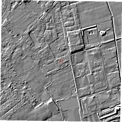 Shaded relief map of the ground around DN85JN, computed from Environment Agency LiDAR. The ground here sits at about 2 m above sea level and falls 7 m across the surrounding 800 m. The ground contributing surface water to this point lies to the east.