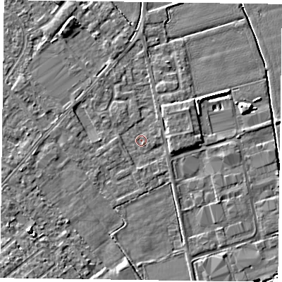 Shaded relief map of the ground around DN85JP, computed from Environment Agency LiDAR. The ground here sits at about 2 m above sea level and falls 7 m across the surrounding 800 m. Surface water reaching this point runs off ground lying to the east, 1.6 m higher.