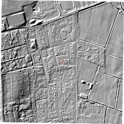 Shaded relief map of the ground around DN85JQ, computed from Environment Agency LiDAR. The ground here sits at about 2 m above sea level and falls 8 m across the surrounding 800 m. Surface water reaching this point runs off ground lying to the west-south-west, 0.8 m higher.