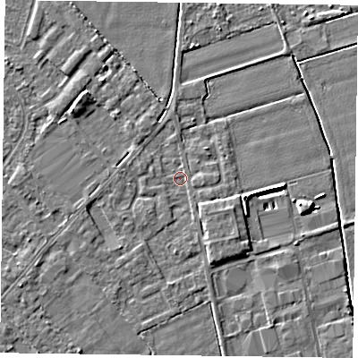 Shaded relief map of the ground around DN85JR, computed from Environment Agency LiDAR. The ground here sits at about 2 m above sea level and falls 5 m across the surrounding 800 m. Surface water reaching this point runs off ground lying to the east-south-east, 2.0 m higher.
