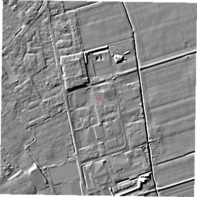 Shaded relief map of the ground around DN85JS, computed from Environment Agency LiDAR. The ground here sits at about 2 m above sea level and falls 7 m across the surrounding 800 m. Surface water reaching this point runs off ground lying to the south, 1.2 m higher.
