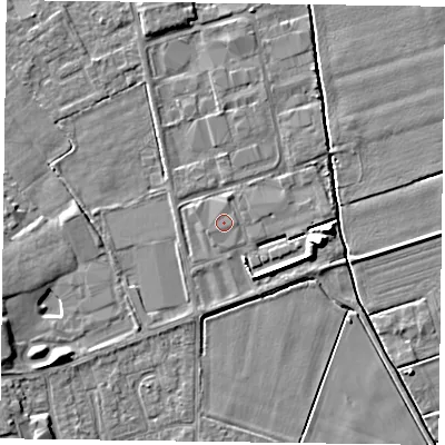 Shaded relief map of the ground around DN85JT, computed from Environment Agency LiDAR. The ground here sits at about 3 m above sea level and falls 6 m across the surrounding 800 m. The ground contributing surface water to this point lies to the south-west.