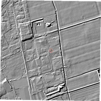 Shaded relief map of the ground around DN85JU, computed from Environment Agency LiDAR. The ground here sits at about 2 m above sea level and falls 6 m across the surrounding 800 m. Surface water reaching this point runs off ground lying to the west-north-west, 0.6 m higher.