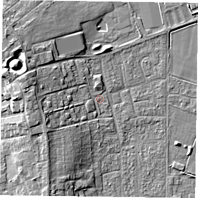Shaded relief map of the ground around DN85JY, computed from Environment Agency LiDAR. The ground here sits at about 3 m above sea level and falls 12 m across the surrounding 800 m. Surface water reaching this point runs off ground lying to the west, 7.4 m higher.