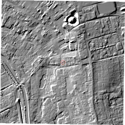 Shaded relief map of the ground around DN85LA, computed from Environment Agency LiDAR. The ground here sits at about 5 m above sea level and falls 12 m across the surrounding 800 m. Surface water reaching this point runs off ground lying to the east-north-east, 4.0 m higher.