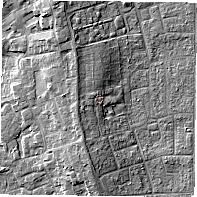Shaded relief map of the ground around DN85LG, computed from Environment Agency LiDAR. The ground here sits at about 6 m above sea level and falls 8 m across the surrounding 800 m. Surface water reaching this point runs off ground lying to the west, 3.3 m higher.