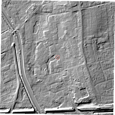 Shaded relief map of the ground around DN85LH, computed from Environment Agency LiDAR. The ground here sits at about 5 m above sea level and falls 9 m across the surrounding 800 m. Surface water reaching this point runs off ground lying to the east, 4.5 m higher.