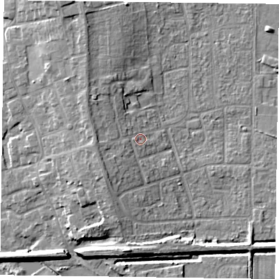 Shaded relief map of the ground around DN85LU, computed from Environment Agency LiDAR. The ground here sits at about 5 m above sea level and falls 8 m across the surrounding 800 m. Surface water reaching this point runs off ground lying to the west-south-west, 4.5 m higher.