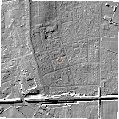 Shaded relief map of the ground around DN85LY, computed from Environment Agency LiDAR. The ground here sits at about 4 m above sea level and falls 8 m across the surrounding 800 m. Surface water reaching this point runs off ground lying to the west-south-west, 2.6 m higher.