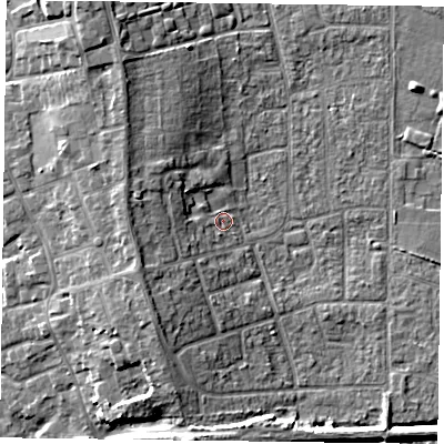 Shaded relief map of the ground around DN85LZ, computed from Environment Agency LiDAR. The ground here sits at about 4 m above sea level and falls 9 m across the surrounding 800 m. Surface water reaching this point runs off ground lying to the west, 5.5 m higher.