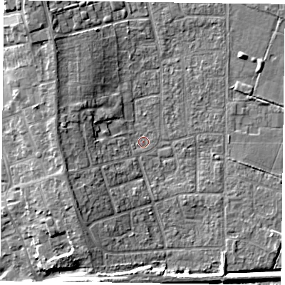 Shaded relief map of the ground around DN85NA, computed from Environment Agency LiDAR. The ground here sits at about 3 m above sea level and falls 9 m across the surrounding 800 m. Surface water reaching this point runs off ground lying to the west, 6.5 m higher.